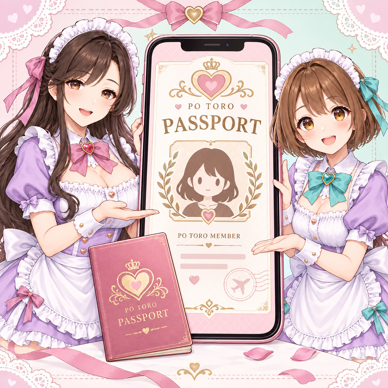 デジタル会員証とパスポートを紹介する先輩メイドと後輩メイド